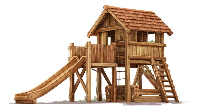 Wooden playhouse with slide and stairs