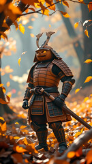 A colorful pumpkin samurai spirit stands tall in a mysterious and mystical atmosphere.