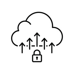 Secure Cloud Data Upload: An illustration depicts data arrows ascending into a cloud, symbolizing secure data upload, protected by a digital padlock for enhanced data protection.