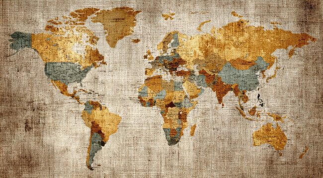 Vintage world map on textured canvas
