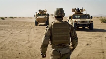 Military Soldier Walking in Desert with Moving Armored Vehicles
