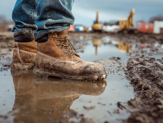 close up of young man with muddy boots