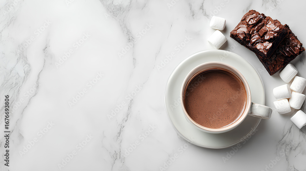 Poster hot chocolate and brownie combo with minimal white layout and centered blank section for text