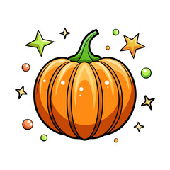 Cute pumpkin floating magically surrounded by tiny glowing stars, whimsical Halloween illustration, autumn decoration, enchanting vector art, festive design