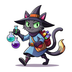 Magical witch cat carrying glowing potion bottles fantasy vector illustration, mystical feline artwork perfect for Halloween and enchanted design projects