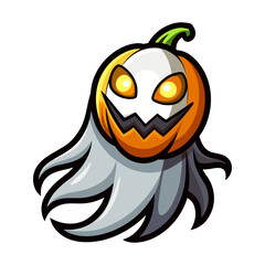 Spooky Halloween ghost painting glowing jack-o’-lantern pumpkin faces with magical brush, haunted night vector illustration for decoration