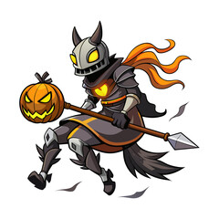 Magical pumpkin knight riding glowing broomstick horse fantasy vector illustration for Halloween, spooky decor, posters, stickers, t-shirt design