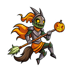 Magical pumpkin knight riding glowing broomstick horse fantasy vector illustration for Halloween, spooky decor, posters, stickers, t-shirt design