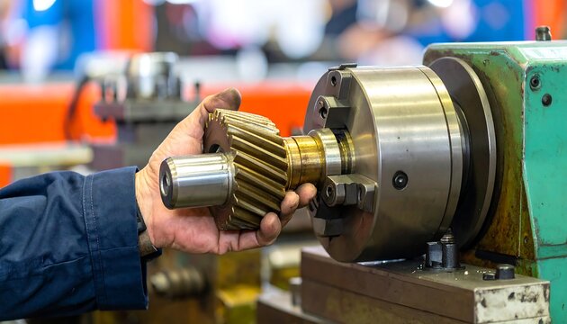 Industrial mechanic holding gear on lathe machine