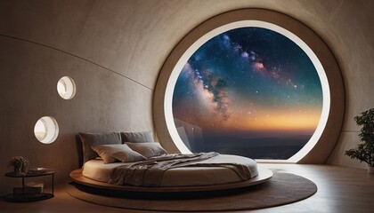 Fototapeta premium Futuristic Bedroom Interior with Circular Window and Galaxy View. 3