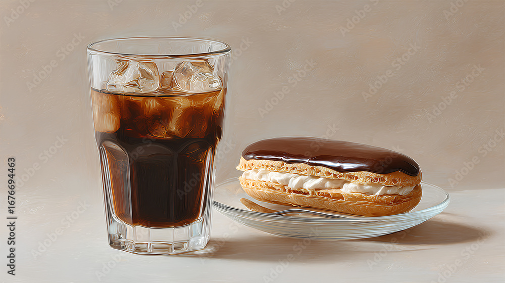 Poster iced espresso and chocolate eclair with soft shadows and blank background for custom design