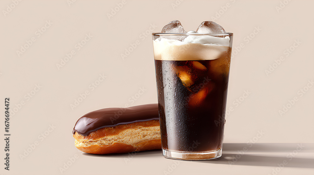 Poster iced espresso and chocolate eclair with soft shadows and blank background for custom design