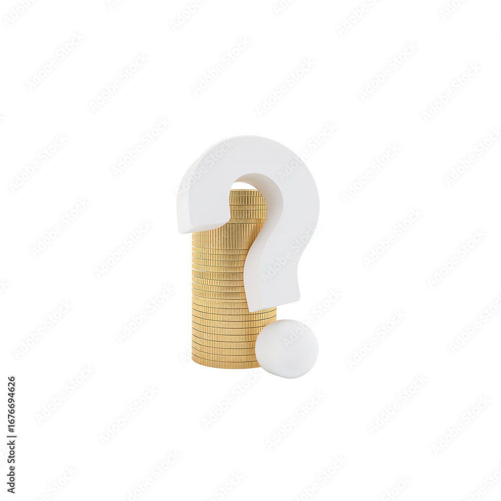Poster conceptualizing financial uncertainty a stack of coins overshadowed by a question mark element