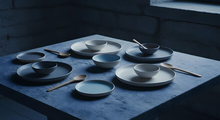 Minimalist Ceramic Tableware Set in Moody Blue Light