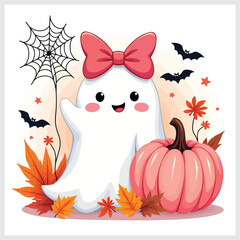 Vector art of cute ghost with pumpkin and autumn leaves