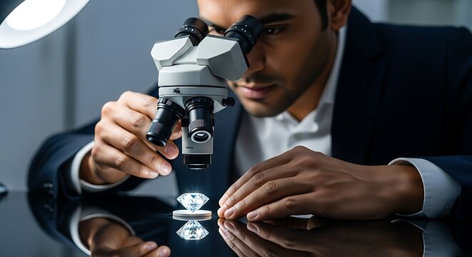 A man examines a diamond under a microscope