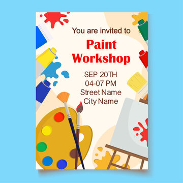 School art paint workshop invitation poster Watercolor palette brush gouache easle
