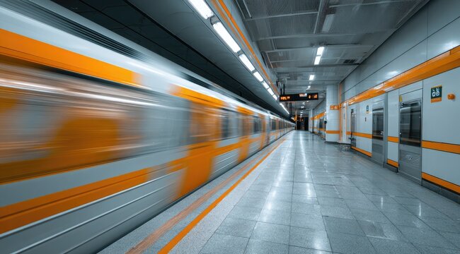 Subway train speeds through a modern station