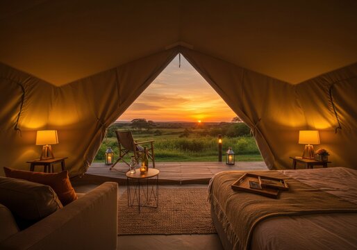 Beautiful African bush lodge glowing under a golden sunset, surrounded by serene wilderness.
Perfect for travel, safari, and luxury getaway visuals.