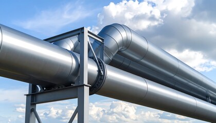 Industrial metal pipelines stretching across a partly cloudy sky
