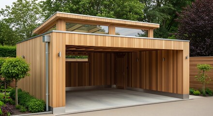 Contemporary wooden garage with a modern design.