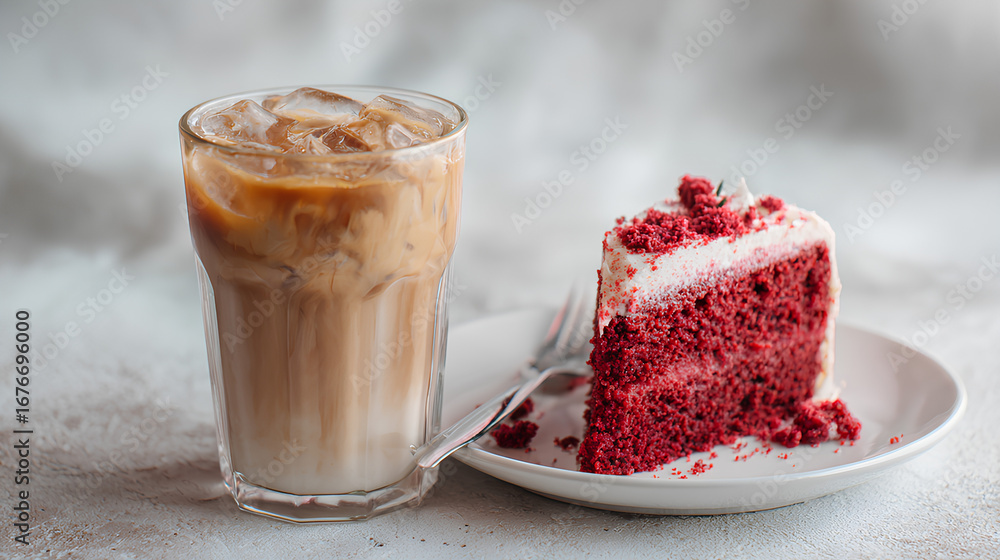 Poster iced latte and red velvet cake on white tabletop, ideal composition for menu template with text zone