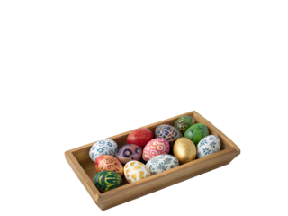 Vibrant Painted Eggs in Wooden Tray Nowruz Holiday Decoration Colorful Egg Designs Festive Spring Decor isolated on a transparent background