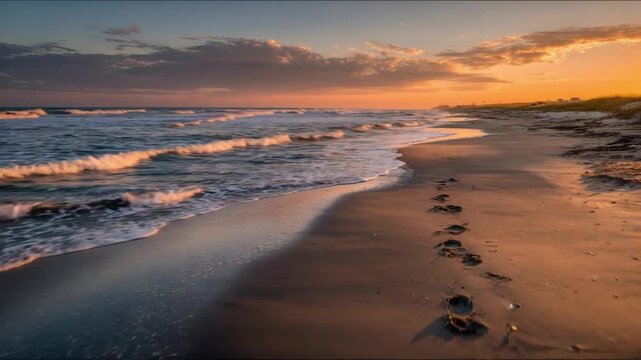 Footprints on the Shoreline: A solitary journey unfolds as footsteps lead across a tranquil beach towards the horizon, painted with the vibrant hues of sunrise and sunset.