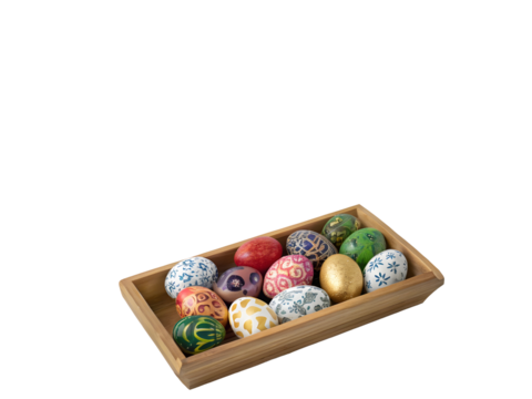 Vibrant Painted Eggs in Wooden Tray Nowruz Holiday Decoration Colorful Egg Designs Festive Spring Decor isolated on a transparent background - Powered by Adobe