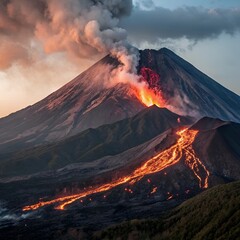 Fototapeta premium Eruption of an active volcanic crater on a snow-capped peak at sunset, with magma and smoke filling the sky over the mountain landscape