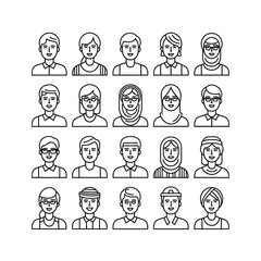 Business People and Avatar Line Icons Set – Male and Female Professionals, Office Staff, Team, Corporate Profile Vector Illustration
