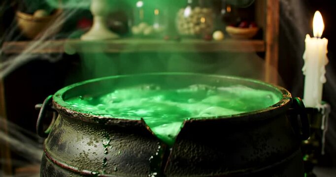 A bubbling green potion brews in a cauldron, lit by a candle, in a witch's lair.