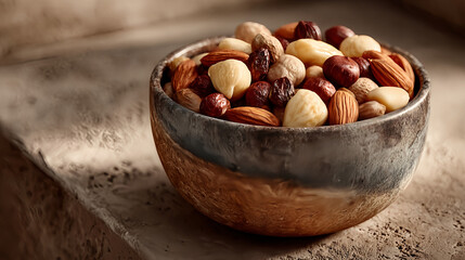 Obraz premium Bowl of assorted nuts almonds hazelnuts macadamia nuts healthy snack food mix