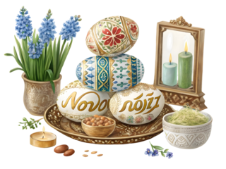 Nowruz Greeting Painted Decoratively Stacked Ornate Eggs Hyacinths Candles Bowl Semergh isolated on a transparent background