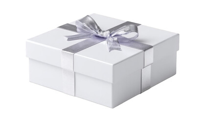 White gift box with silver ribbon