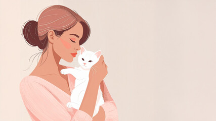 A minimalist and elegant illustration of a woman tenderly holding a white cat against her chest. The woman has her eyes closed and her hair is in a bun, drawn with clean, soft lines. The color palette