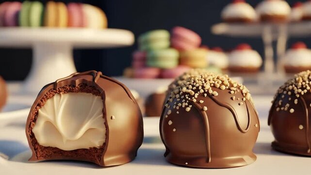 Close-up of gourmet chocolate truffles with creamy white filling and sprinkles, alongside colorful macarons and other desserts in a bakery setting.
