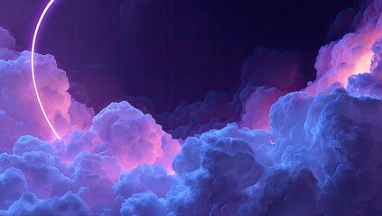 Abstract digital art of clouds with a vibrant neon circle