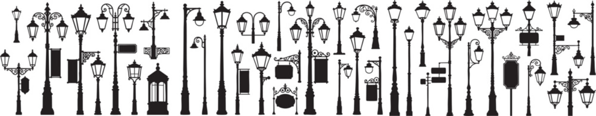 Elegant street lamp silhouettes collection for vintage design elements and urban landscape concepts
