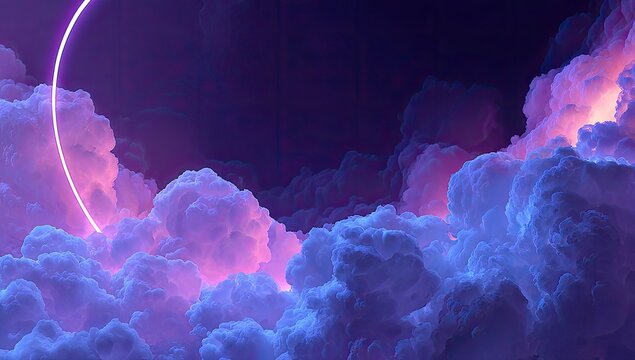 Abstract digital art of clouds with a vibrant neon circle