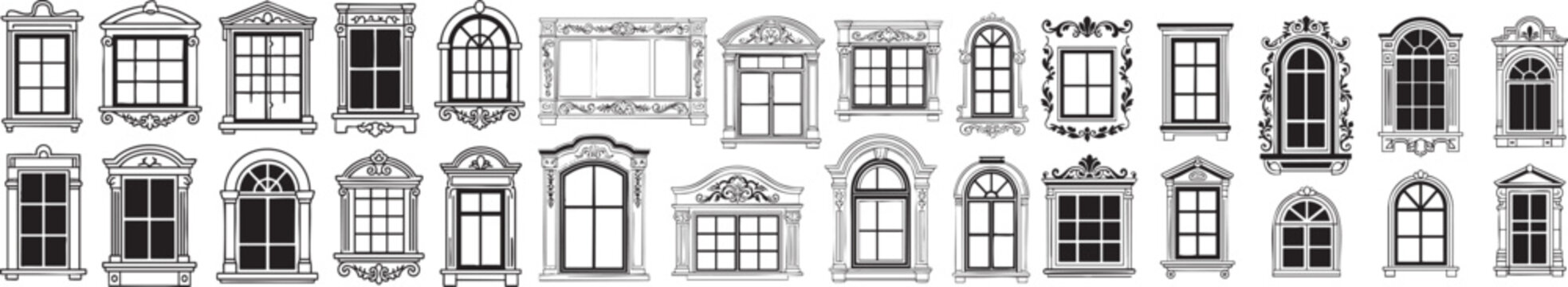 Elegant architectural window collection with vintage charm for design projects, adding a classic aesthetic