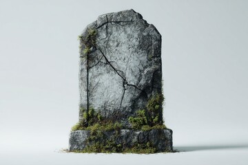 3D Render of Cracked Tombstone with Moss on Neutral Background