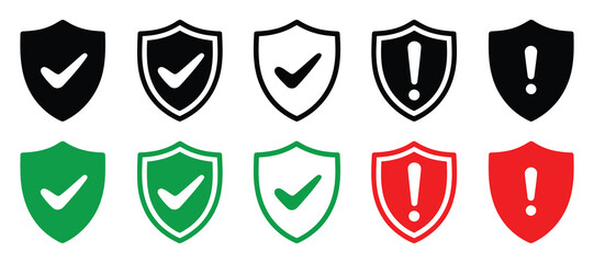 Collection of shield icons with checkmarks and exclamation marks isolated on white background © Bar