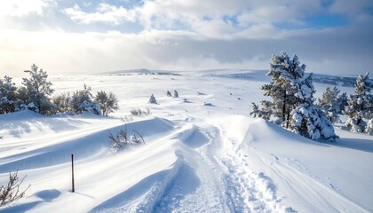 Obraz premium Snow-covered landscape with winding path and distant hills under a bright sky