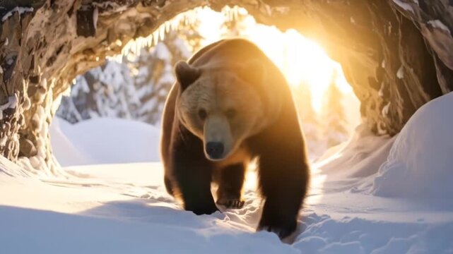Majestic Brown Bear Walking in Snowy Winter Landscape