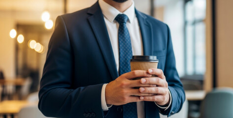 Man in suit holds coffee cup indoors business setting blurred background, symbolizing a professional lifestyle and calm confidence in a fast-paced corporate atmosphere.
