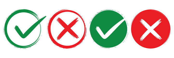 Obraz premium Green checkmarks and red crosses in ovals isolated on white background