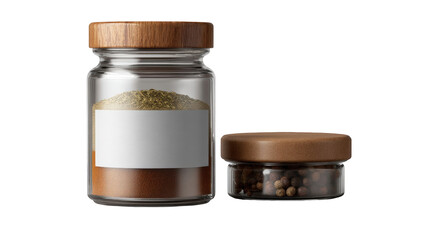 Two glass spice jars with wooden lids.  Empty labels