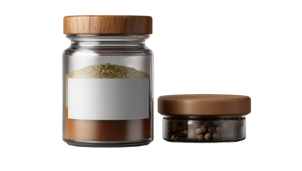 Two glass spice jars with wooden lids.  Empty labels