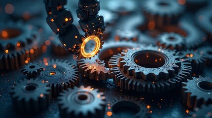 Mechanical gears in abstract blue background representing futuristic tech	